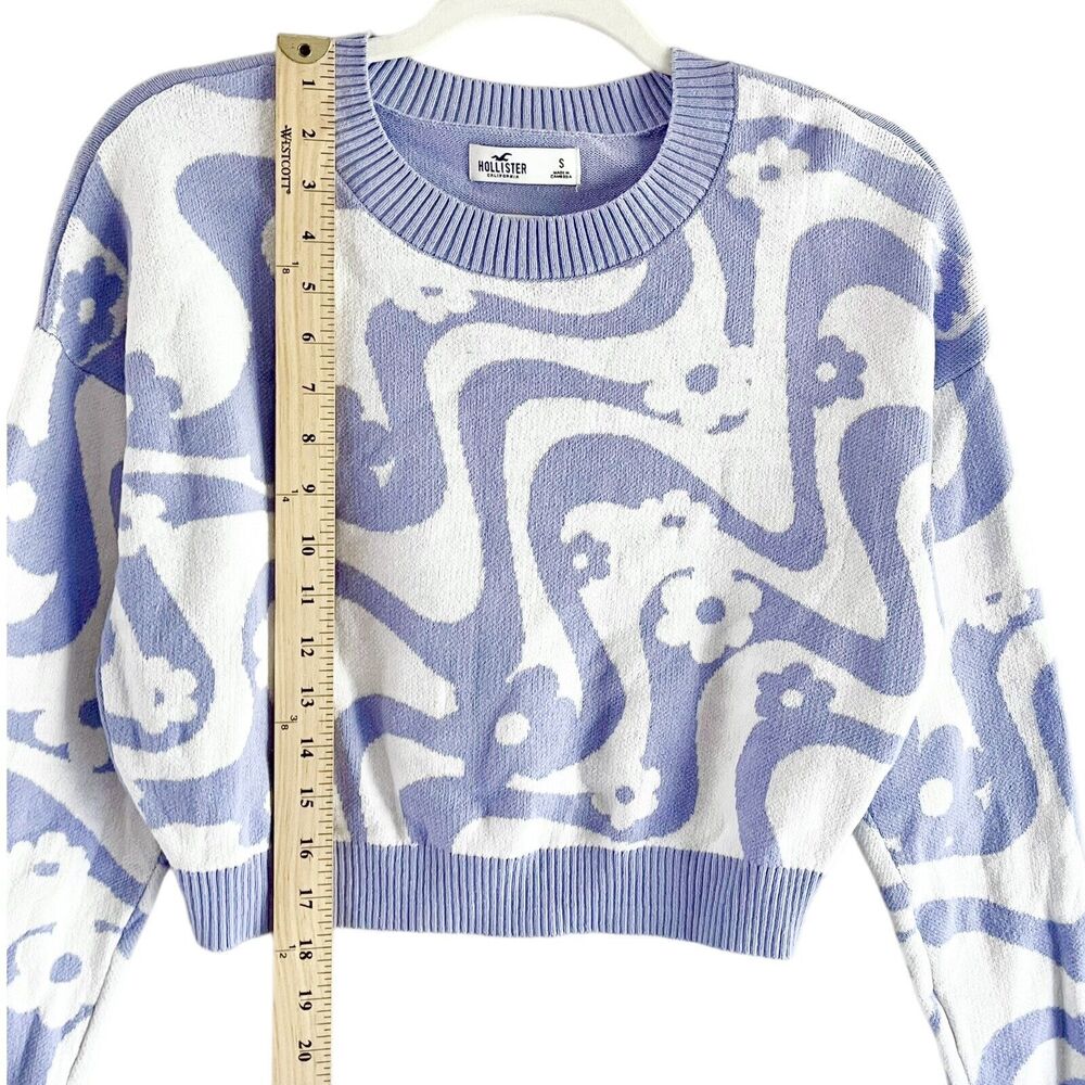 Hollister Purple Cropped Pullover S Groovy Hippie Sweater White Floral Waves - Picture 4 of 8